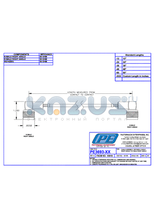 PE3693 datasheet - CABLE ASSEMBLY RG142B/U N MALE RIGHT ANGLE TO N MALE RIGHT ANGLE