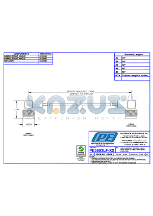 PE3693LF datasheet - CABLE ASSEMBLY RG142B/U N MALE RIGHT ANGLE TO N MALE RIGHT ANGLE(LEAD FREE)