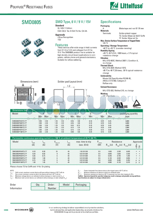 SMD0805 datasheet - These devices offer wide range in hold currents from 0.1 A to 1.0 A and voltages from 6 V to 15 V