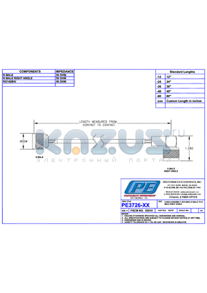 PE3726 datasheet - CABLE ASSEMBLY RG142B/U, N MALE TO N MALE RIGHT ANGLE