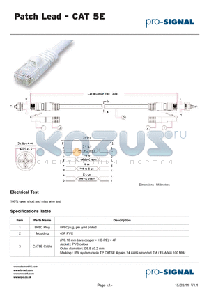 PS11011 datasheet - Patch Lead - CAT 5E