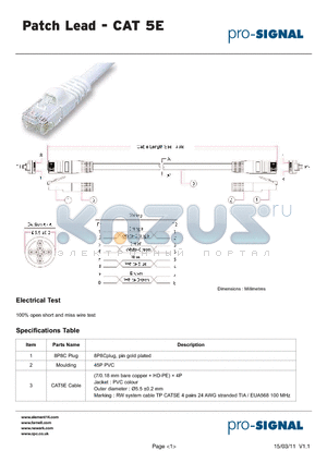 PS11012 datasheet - Patch Lead - CAT 5E