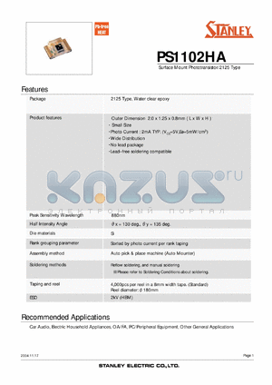 PS1102HA datasheet - Surface Mount Phototransistor/2125 Type