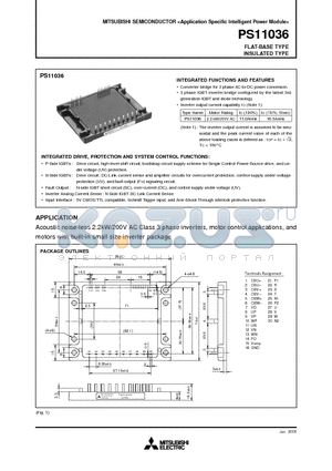 PS11036 datasheet - Acoustic noise-less 2.2kW/200V AC Class 3 phase inverters, motor control applications, and motors with built-in small size inverter package