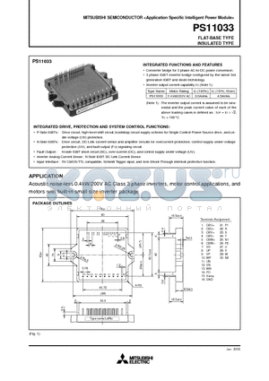 PS11033 datasheet - Acoustic noise-less 0.4kW/200V AC Class 3 phase inverters, motor control applications, and motors with built-in small size inverter package