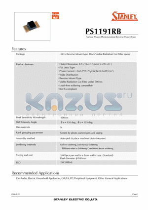 PS1191RB datasheet - Surface Mount Phototransistor/Reverse Mount Type