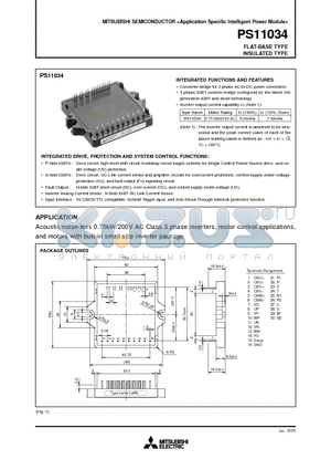 PS11034 datasheet - Acoustic noise-less 0.75kW/200V AC Class 3 phase inverters, motor control applications and motors with built-in small size inverter package