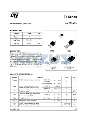 T405-600T datasheet - 4A TRIACS