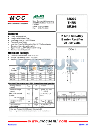 SR204 datasheet - 2 Amp Schottky Barrier Rectifier 20 - 60 Volts