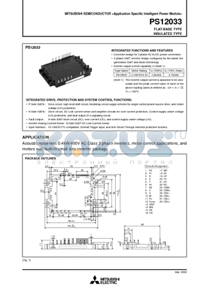 PS12033 datasheet - Acoustic noise-less 0.4kW/400V AC Class 3 phase inverters, motor control applications, and motors with built-in small size inverter package