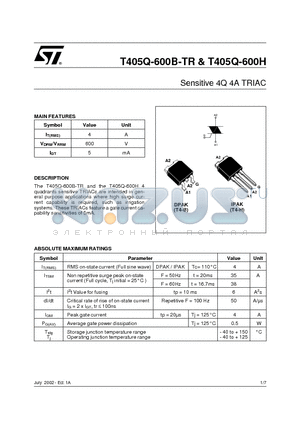 T405Q-600H datasheet - Sensitive 4Q 4A TRIAC