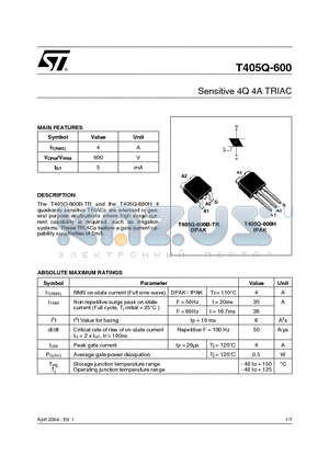 T405Q-600H datasheet - Sensitive 4Q 4A TRIAC