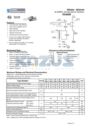 SR2050 datasheet - 20.0AMPS. Schottky Barrier Rectifiers