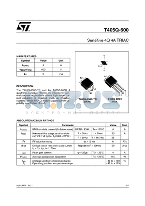 T405Q-600 datasheet - Sensitive 4Q 4A TRIAC