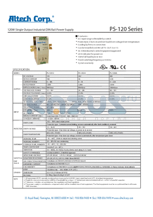 PS120_1 datasheet - 120W Single Output Industrial DIN Rail Power Supply