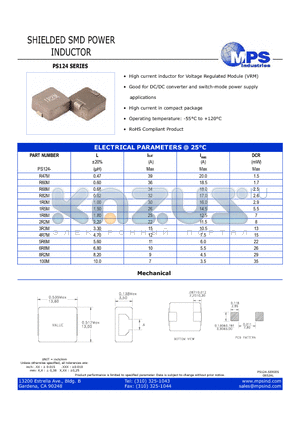 PS124-1R0M datasheet - SHIELDED SMD POWER INDUCTOR