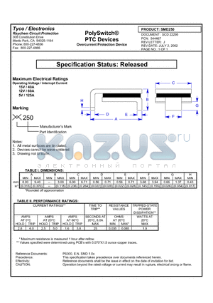 SMD250 datasheet - PolySwitch^PTC Devices