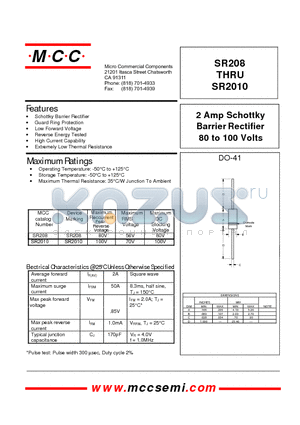SR208 datasheet - 2 Amp Schottky Barrier Rectifier 80 to 100 Volts