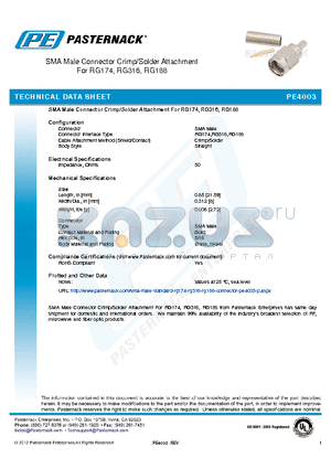 PE4003 datasheet - SMA MALE Connector Crimp/Solder Attachment For RG174,RG316,RG188