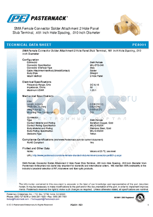 PE4001 datasheet - SMA Female Connector Solder Attachment 2 Hole Panel Stub Terminal, .481 inch Hole Spacing, .010 inch Diameter