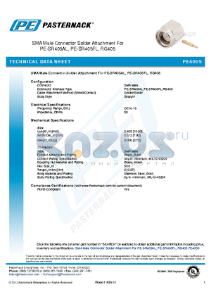 PE4005 datasheet - SMA Male Connector Solder Attachment For PE-SR405AL, PE-SR405FL, RG405