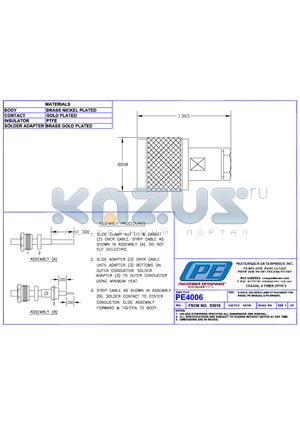 PE4006 datasheet - N MALE SOLDER/CLAMP ATTACHMENT FOR RG402 PE-SR402AL & PE-SR402FL