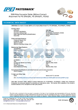 PE4007 datasheet - SMA Male Connector Solder (Without Contact) Attachment For PE-SR402AL, PE-SR402FL, RG402