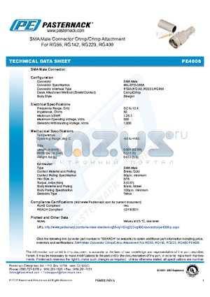 PE4008 datasheet - SMA Male Connector Crimp/Crimp Attachment For RG55, RG142, RG223, RG400