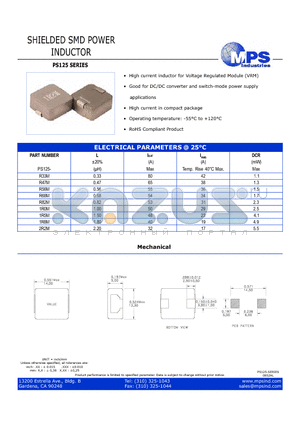 PS125-2R2M datasheet - SHIELDED SMD POWER INDUCTOR