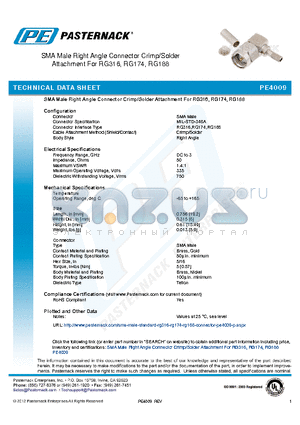 PE4009 datasheet - SMA Male Right Angle Connector Crimp/Solder Attachment For RG316, RG174, RG188