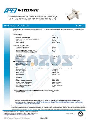 PE4010 datasheet - BNC Female Connector Solder Attachment 4 Hole Flange Solder Cup Terminal, .500 inch Threaded Hole Spacing