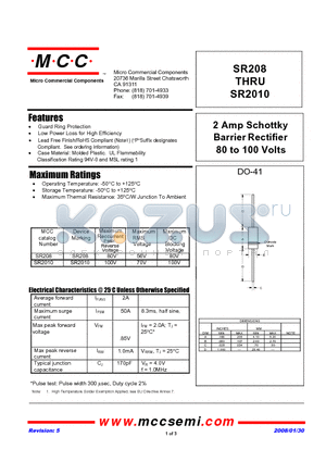 SR208_08 datasheet - 2 Amp Schottky Barrier Rectifier 80 to 100 Volts