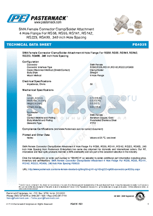 PE4035 datasheet - SMA Female Connector Clamp/Solder Attachment 4 Hole Flange For RG58, RG55, RG141, RG142, RG223, RG400, .340 inch Hole Spacing