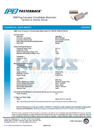 PE4046 datasheet - SMB Plug Connector Crimp/Solder Attachment For RG174, RG316, RG188