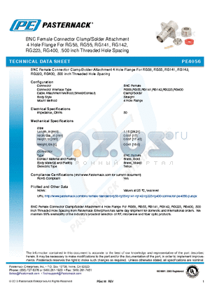 PE4056 datasheet - BNC Female Connector Clamp/Solder Attachment 4 Hole Flange For RG58, RG55, RG141, RG142  RG223, RG400, .500 inch Threaded Hole Spacing