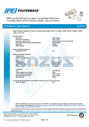 PE4033 datasheet - SMA Female Bulkhead Connector Clamp/Solder Attachment