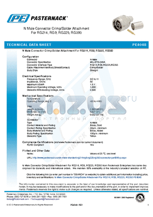 PE4048 datasheet - N Male Connector Crimp/Solder Attachment For RG214, RG9, RG225, RG393