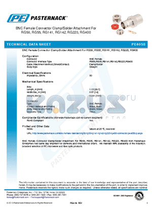 PE4058 datasheet - BNC Female Connector Clamp/Solder Attachment For RG58, RG55, RG141, RG142, RG223, RG400