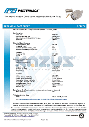 PE4071 datasheet - TNC Male Connector Crimp/Solder Attachment For RG59, RG62