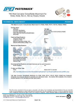 PE4067 datasheet - TNC Male Connector Clamp/Solder Attachment For RG58, RG55, RG141, RG142, RG223, RG400