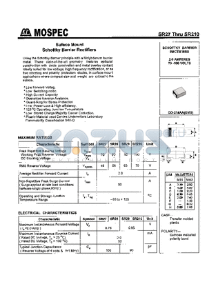 SR210 datasheet - SCHOTTKY BARRIER RECTIFIERS(2.0A,70-100V)