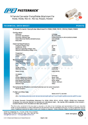 PE4072 datasheet - N Female Connector Clamp/Solder Attachment For RG58, RG55, RG141, RG142, RG223, RG400