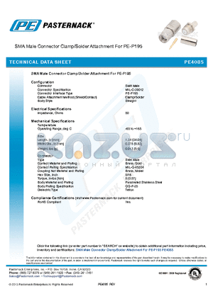 PE4085 datasheet - SMA Male Connector Clamp/Solder Attachment For PE-P195