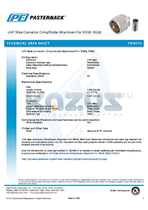 PE4073 datasheet - UHF Male Connector Crimp/Solder Attachment For RG59, RG62