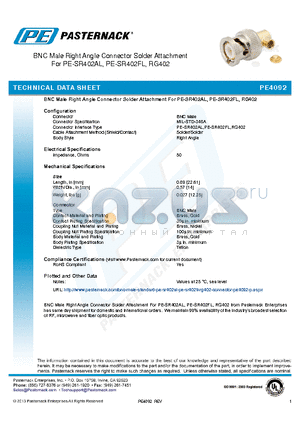 PE4092 datasheet - BNC Male Right Angle Connector Solder Attachment For PE-SR402AL, PE-SR402FL, RG402