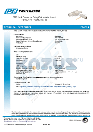 PE4094 datasheet - SMC Jack Connector Crimp/Solder Attachment For RG174, RG316, RG188