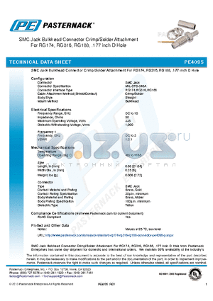 PE4095 datasheet - SMC Jack Bulkhead Connector Crimp/Solder Attachment For RG174, RG316, RG188, .177 inch D Hole