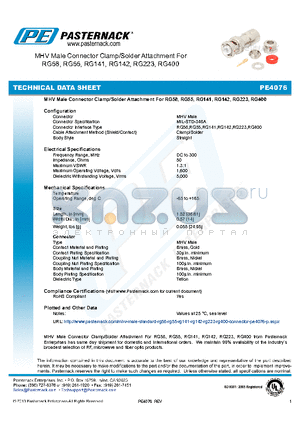 PE4076 datasheet - MHV Male Connector Clamp/Solder Attachment For RG58, RG55, RG141, RG142, RG223, RG400