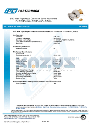 PE4102 datasheet - BNC MALE RIGHT Angle Connector Solder Attachment For PE-SR405AL PE-SR405FL, RG405l