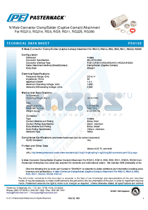 PE4132 datasheet - N Male Connector Clamp/Solder (Captive Contact) Attachment For RG213, RG214, RG8, RG9, RG11, RG225, RG393